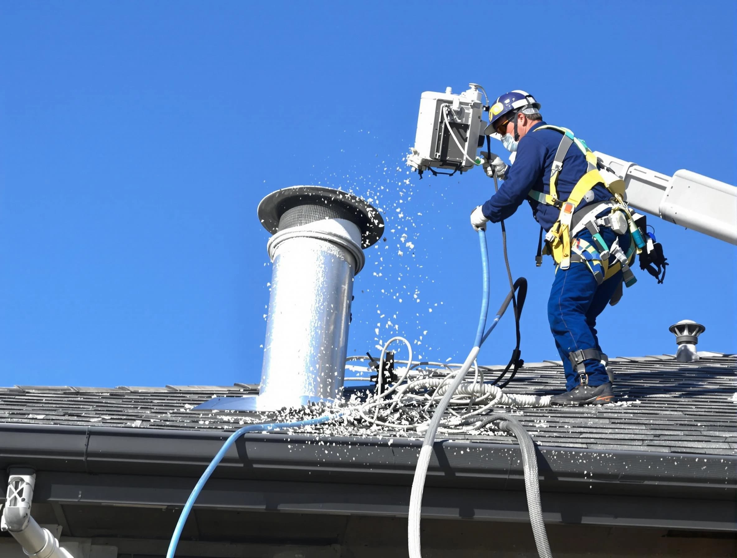 Frederick Dryer Vent Cleaning certified technician safely cleaning a roof-mounted dryer vent in Frederick