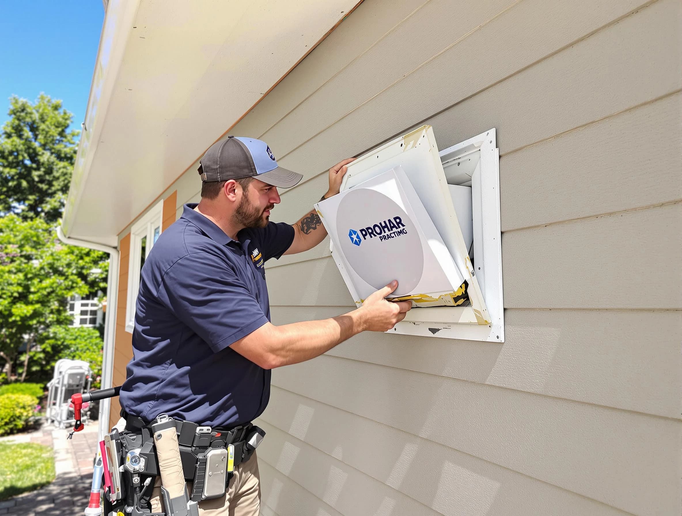 Frederick Dryer Vent Cleaning technician installing a new protective dryer vent cover on a home in Frederick