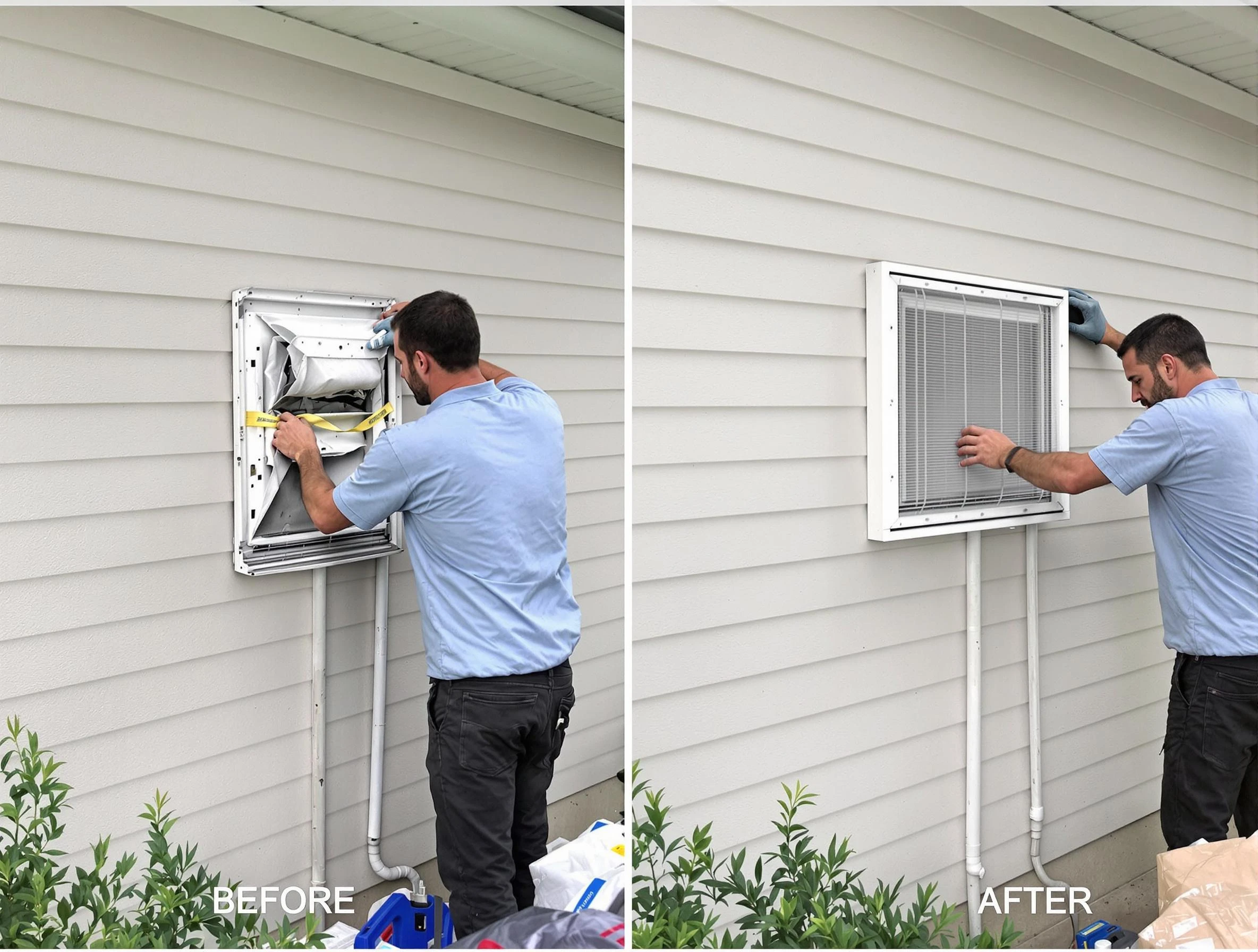 Frederick Dryer Vent Cleaning technician installing high-quality dryer vent cover at a residential property in Frederick